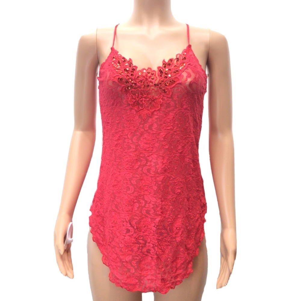 Vtg 1980s Intimate Moods Sexy Red Lace Sequin Slip